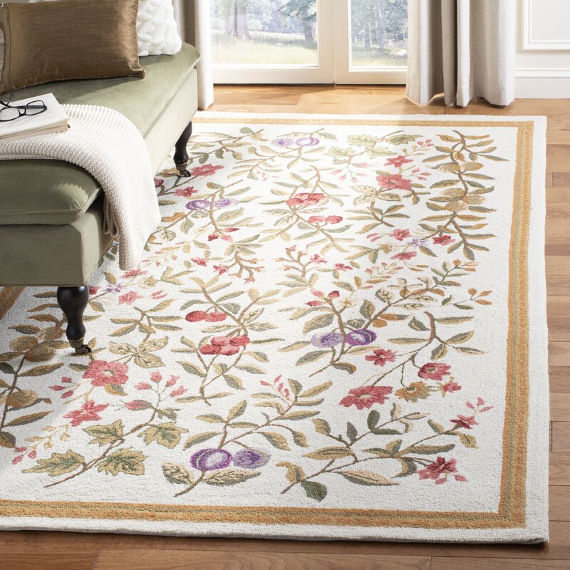 August Grove® Kinchen Floral Handmade Looped/Hooked Wool Ivory Area Rug